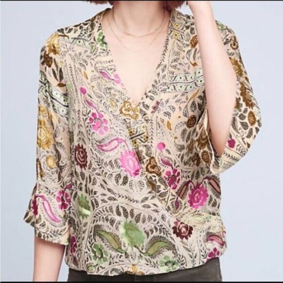 Anthro Floreat japonica silk wrap floral blouse small - Picture 1 of 9
